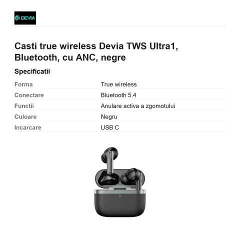 Casti true wireless Devia TWS Ultra1, Bluetooth, cu ANC, negre [2]