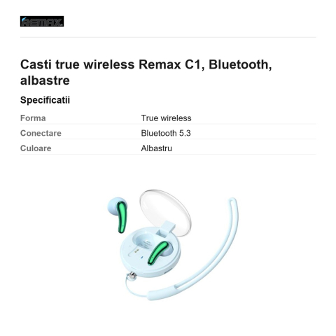 Casti true wireless Remax C1, Bluetooth, albastre [2]