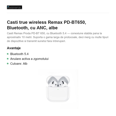Casti true wireless Remax PD-BT650, Bluetooth, cu ANC, albe [1]