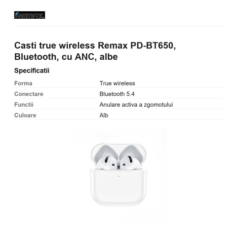 Casti true wireless Remax PD-BT650, Bluetooth, cu ANC, albe [2]