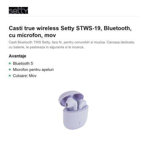 Casti true wireless Setty STWS-19, Bluetooth, cu microfon, mov [1]