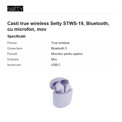 Casti true wireless Setty STWS-19, Bluetooth, cu microfon, mov [2]