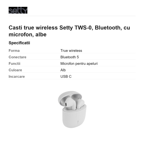 Casti true wireless Setty TWS-0, Bluetooth, cu microfon, albe [2]