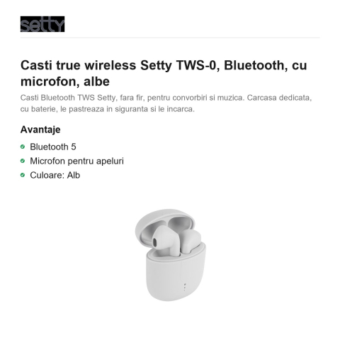 Casti true wireless Setty TWS-0, Bluetooth, cu microfon, albe [1]