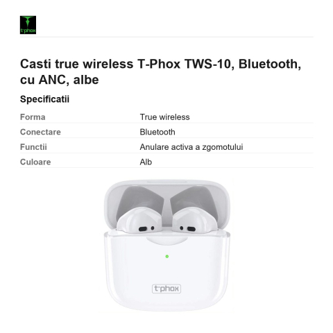 Casti true wireless T-Phox TWS-10, Bluetooth, cu ANC, albe [2]