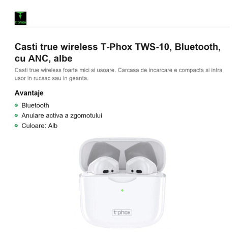 Casti true wireless T-Phox TWS-10, Bluetooth, cu ANC, albe [1]