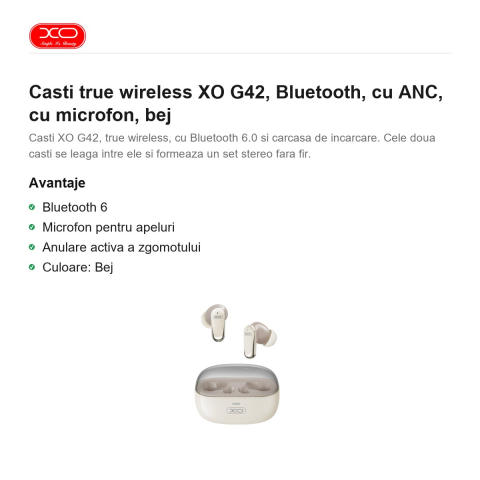 Casti true wireless XO G42, Bluetooth, cu ANC, cu microfon, bej [1]
