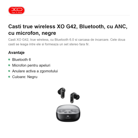 Casti true wireless XO G42, Bluetooth, cu ANC, cu microfon, negre [1]