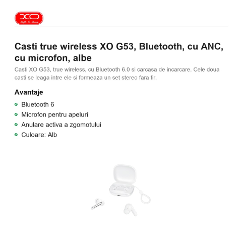Casti true wireless XO G53, Bluetooth, cu ANC, cu microfon, albe [1]