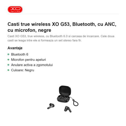 Casti true wireless XO G53, Bluetooth, cu ANC, cu microfon, negre [1]