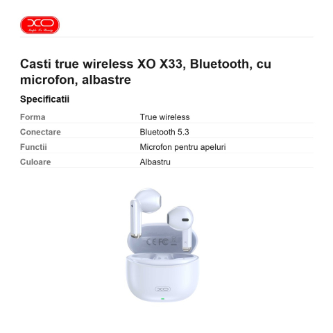 Casti true wireless XO X33, Bluetooth, cu microfon, albastre [2]
