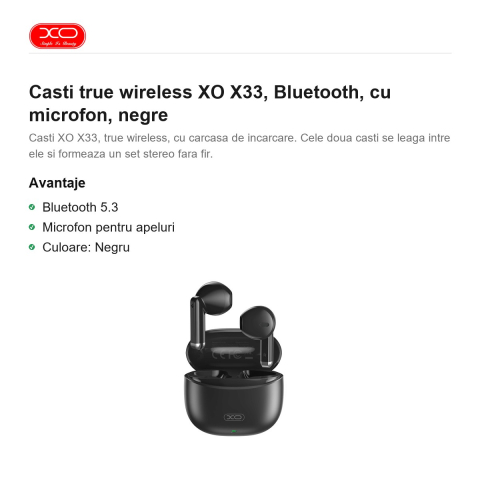 Casti true wireless XO X33, Bluetooth, cu microfon, negre [1]