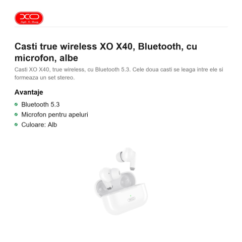 Casti true wireless XO X40, Bluetooth, cu microfon, albe [1]