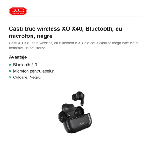 Casti true wireless XO X40, Bluetooth, cu microfon, negre [1]