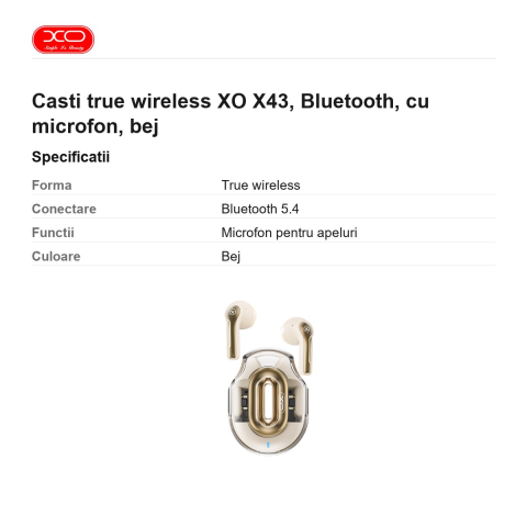 Casti true wireless XO X43, Bluetooth, cu microfon, bej [2]