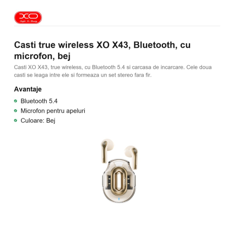 Casti true wireless XO X43, Bluetooth, cu microfon, bej [1]