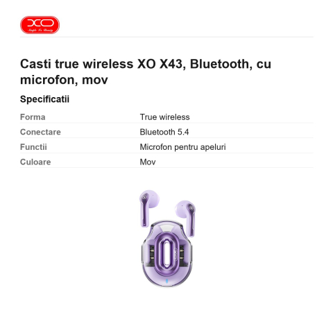Casti true wireless XO X43, Bluetooth, cu microfon, mov [2]