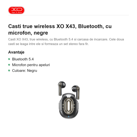 Casti true wireless XO X43, Bluetooth, cu microfon, negre [1]