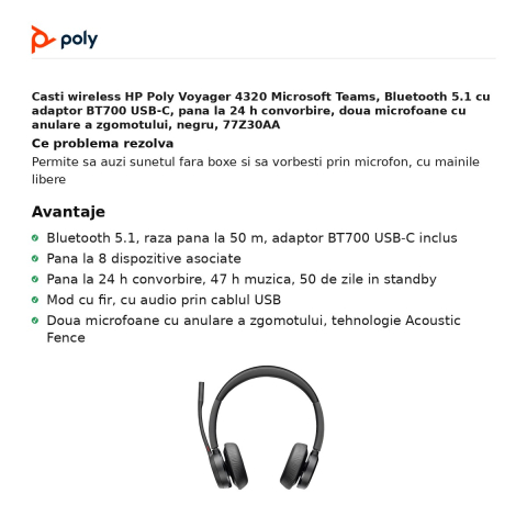 Casti wireless HP Poly Voyager 4320 Microsoft Teams, Bluetooth 5.1 cu adaptor BT700 USB-C, pana la 24 h convorbire, doua microfoane cu anulare a zgomotului, negru, 77Z30AA [1]