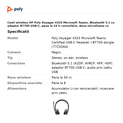 Casti wireless HP Poly Voyager 4320 Microsoft Teams, Bluetooth 5.1 cu adaptor BT700 USB-C, pana la 24 h convorbire, doua microfoane cu anulare a zgomotului, negru, 77Z30AA [2]