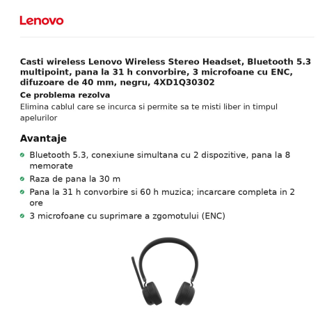 Casti wireless Lenovo Wireless Stereo Headset, Bluetooth 5.3 multipoint, pana la 31 h convorbire, 3 microfoane cu ENC, difuzoare de 40 mm, negru, 4XD1Q30302 [1]
