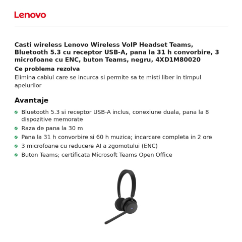 Casti wireless Lenovo Wireless VoIP Headset Teams, Bluetooth 5.3 cu receptor USB-A, pana la 31 h convorbire, 3 microfoane cu ENC, buton Teams, negru, 4XD1M80020 [1]