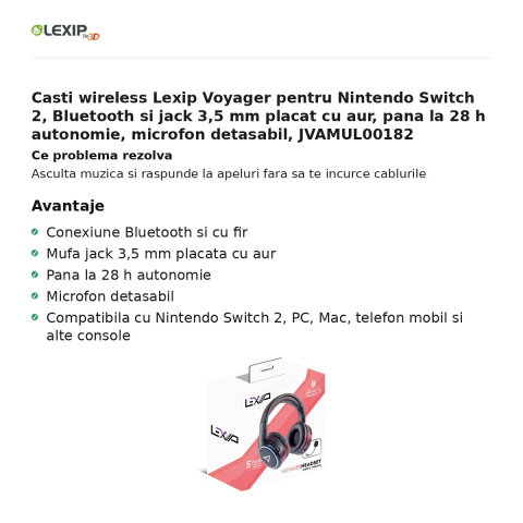 Casti wireless Lexip Voyager pentru Nintendo Switch 2, Bluetooth si jack 3,5 mm placat cu aur, pana la 28 h autonomie, microfon detasabil, JVAMUL00182 [1]