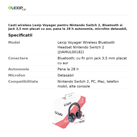 Casti wireless Lexip Voyager pentru Nintendo Switch 2, Bluetooth si jack 3,5 mm placat cu aur, pana la 28 h autonomie, microfon detasabil, JVAMUL00182 [2]