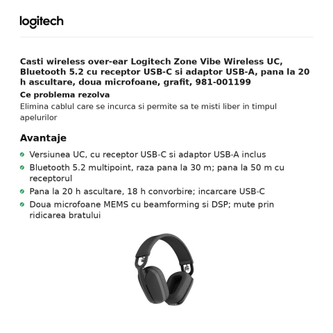 Casti wireless over-ear Logitech Zone Vibe Wireless UC, Bluetooth 5.2 cu receptor USB-C si adaptor USB-A, pana la 20 h ascultare, doua microfoane, grafit, 981-001199 [1]