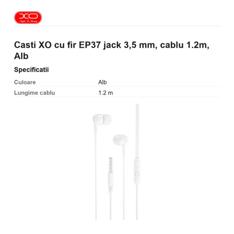 Casti XO cu fir EP37 jack 3,5 mm, cablu 1.2m, Alb [2]