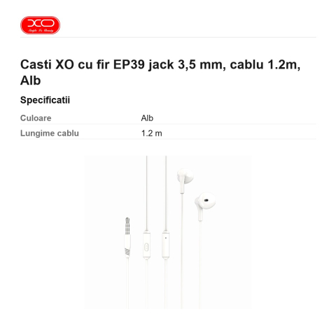 Casti XO cu fir EP39 jack 3,5 mm, cablu 1.2m, Alb [2]