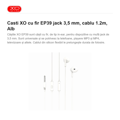 Casti XO cu fir EP39 jack 3,5 mm, cablu 1.2m, Alb [1]