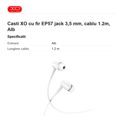 Casti XO cu fir EP57 jack 3,5 mm, cablu 1.2m, Alb [2]