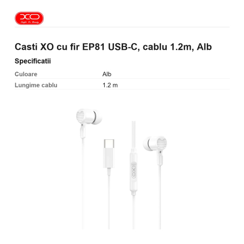 Casti XO cu fir EP81 USB-C, cablu 1.2m, Alb [2]