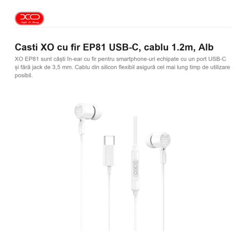 Casti XO cu fir EP81 USB-C, cablu 1.2m, Alb [1]