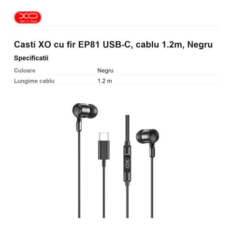 Casti XO cu fir EP81 USB-C, cablu 1.2m, Negru [2]