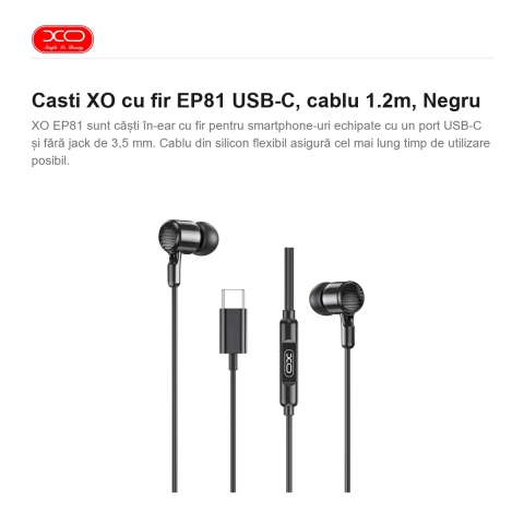 Casti XO cu fir EP81 USB-C, cablu 1.2m, Negru [1]