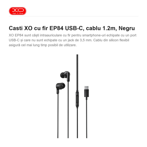 Casti XO cu fir EP84 USB-C, cablu 1.2m, Negru [1]
