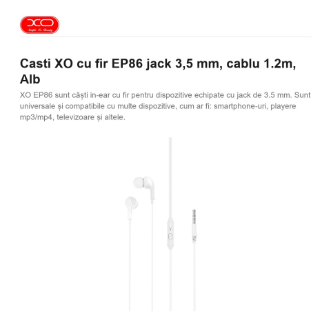 Casti XO cu fir EP86 jack 3,5 mm, cablu 1.2m, Alb [1]