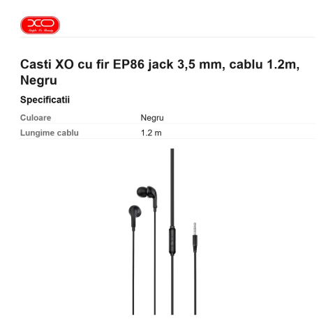 Casti XO cu fir EP86 jack 3,5 mm, cablu 1.2m, Negru [2]