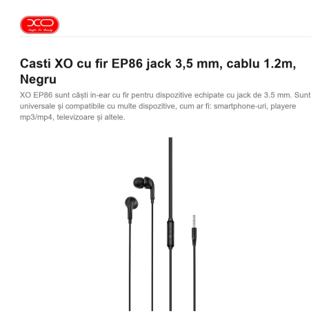 Casti XO cu fir EP86 jack 3,5 mm, cablu 1.2m, Negru [1]