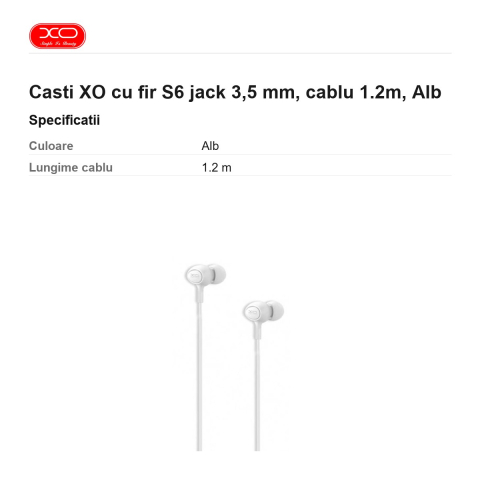 Casti XO cu fir S6 jack 3,5 mm, cablu 1.2m, Alb [2]