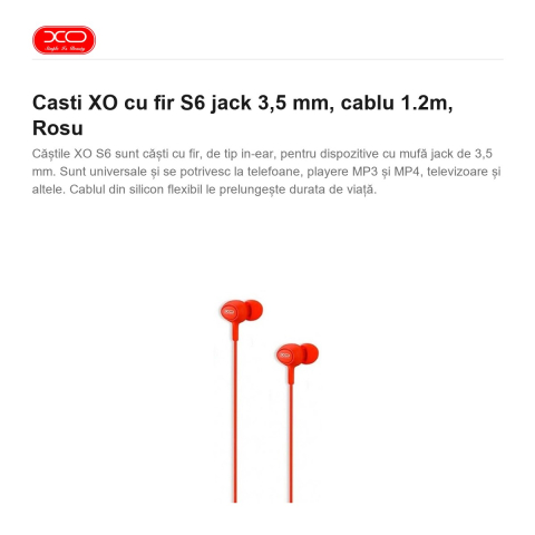 Casti XO cu fir S6 jack 3,5 mm, cablu 1.2m, Rosu [1]