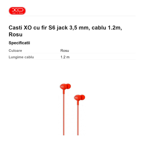 Casti XO cu fir S6 jack 3,5 mm, cablu 1.2m, Rosu [2]