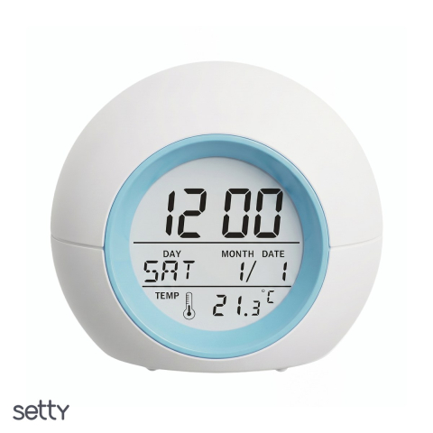 Ceas de birou - Ceas cu alarma Setty JZ-212, afisare ora, zi, data, si temperatura, cu iluminare de fundal LED, alb cu albastru