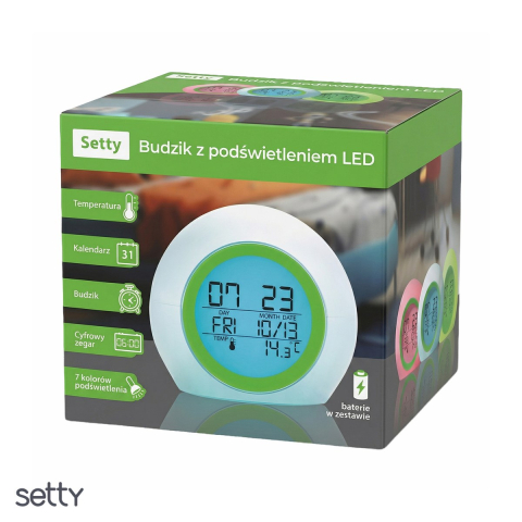 Ceas cu alarma Setty JZ-212, afisare ora, zi, data, si temperatura, cu iluminare de fundal LED, alb cu verde [3]