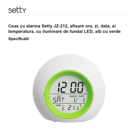 Ceas cu alarma Setty JZ-212, afisare ora, zi, data, si temperatura, cu iluminare de fundal LED, alb cu verde [2]