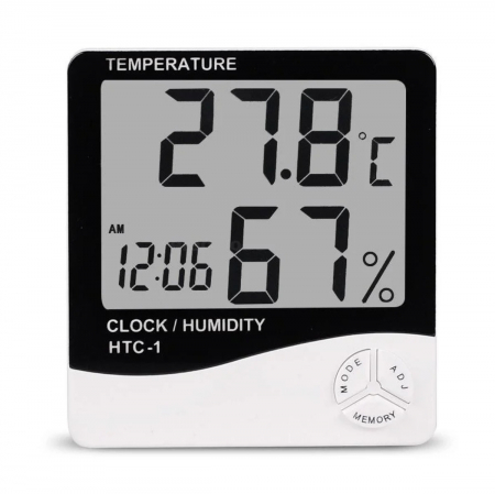 Ceasuri decorative - Ceas cu alarma, termometru si higrometru, HTC-1, cu suport, ecran LCD, 1 x baterie AAA, alb cu negru