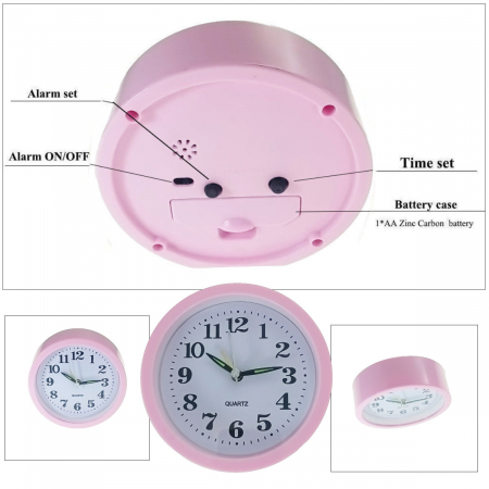 Ceas de masa cu alarma, afisaj analog, alimentare 1 x AA, cadran roz, 120 x 120 x 40 mm, fond alb [2]