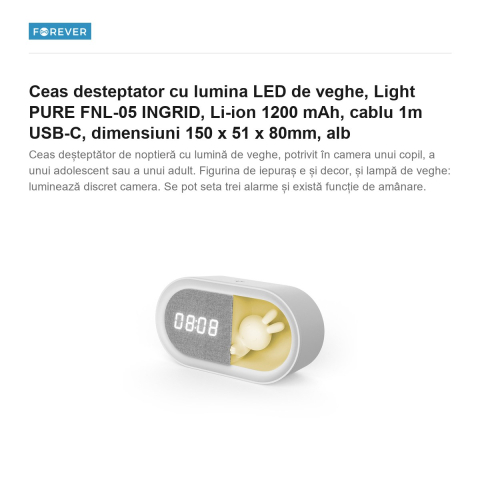 Ceas desteptator cu lumina LED de veghe, Light PURE FNL-05 INGRID, Li-ion 1200 mAh, cablu 1m USB-C, dimensiuni 150 x 51 x 80mm, alb [1]